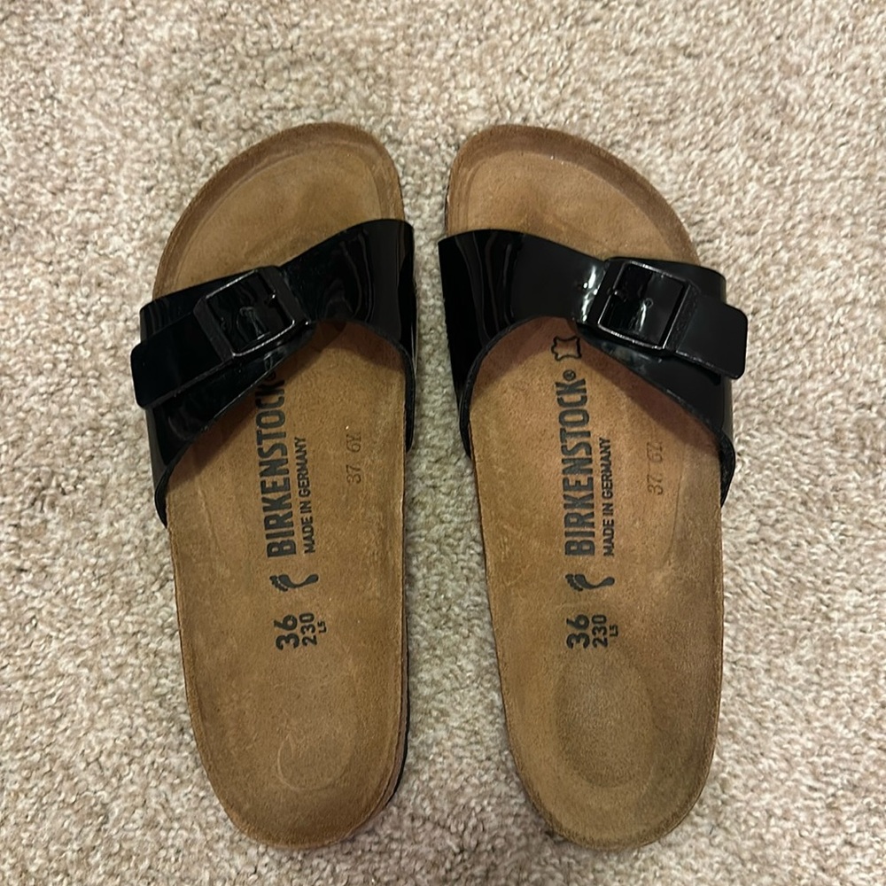 Black patent Madrid Birkenstock Sandals